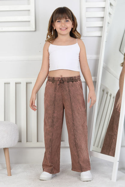 İki İplik Önü Çizgi Detaylı Yıkamalı Kahverengi Kız Çocuk Eşofman Altı