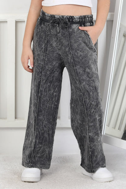 İki İplik Önü Çizgi Detaylı Yıkamalı Kız Çocuk Siyah Eşofman Altı