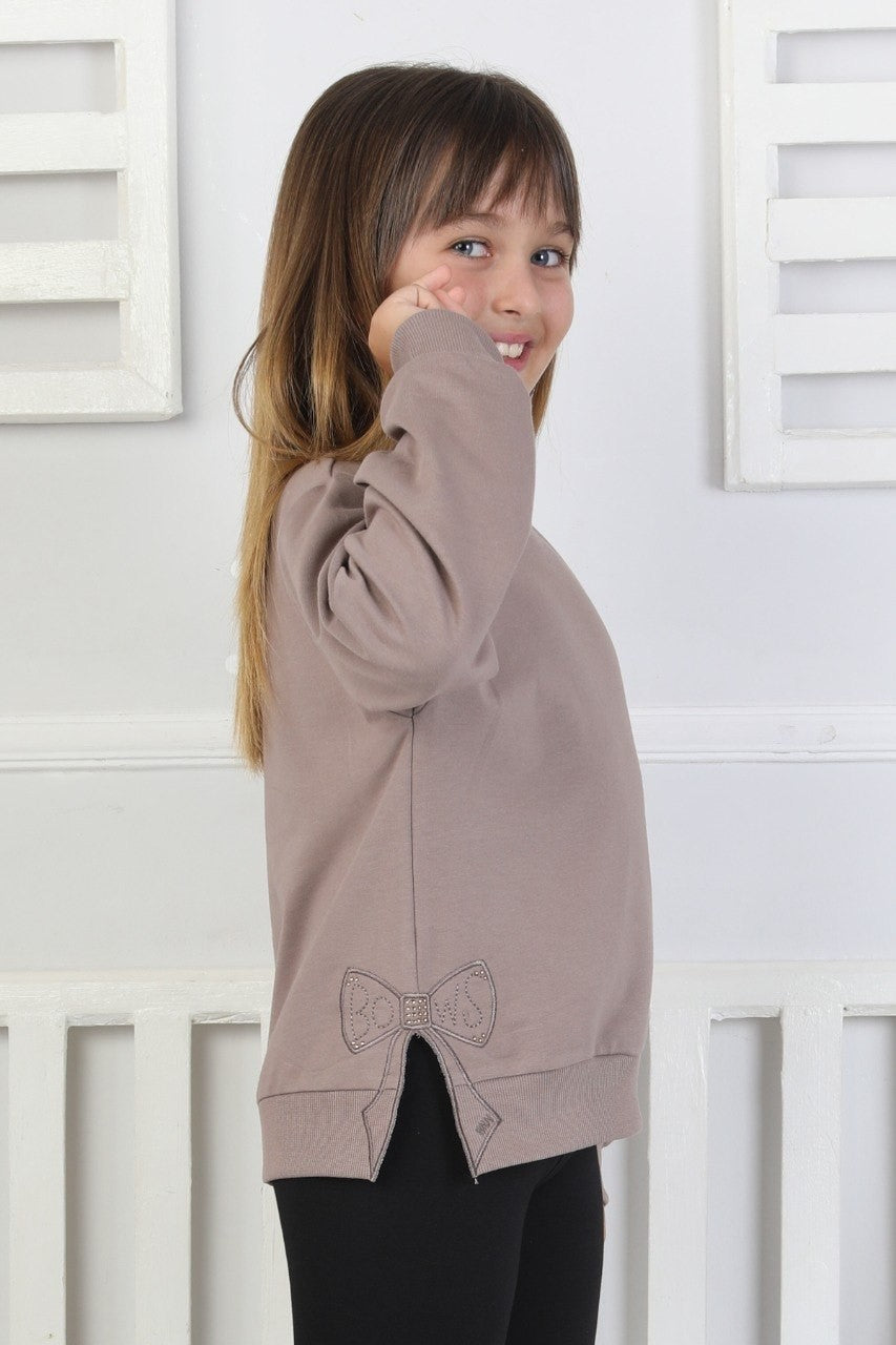 Baskılı Yanı Yırtmaçlı Kahverengi Kız Çocuk Sweatshirt