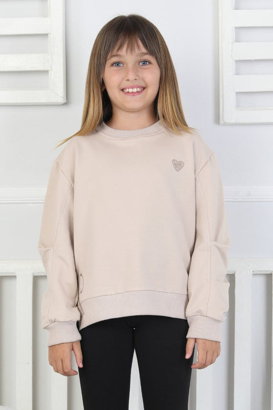 Baskılı Yanı Yırtmaçlı Bej Kız Çocuk Sweatshirt