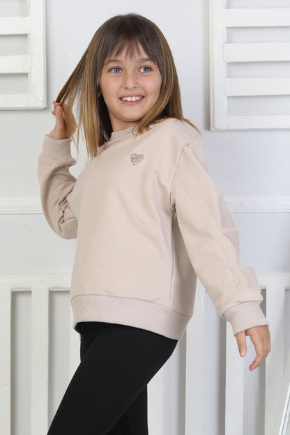 Baskılı Yanı Yırtmaçlı Bej Kız Çocuk Sweatshirt