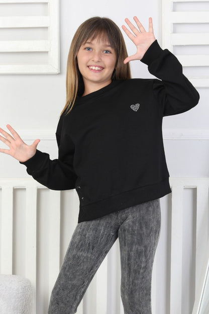 Baskılı Yanı Yırtmaçlı Siyah Kız Çocuk Sweatshirt