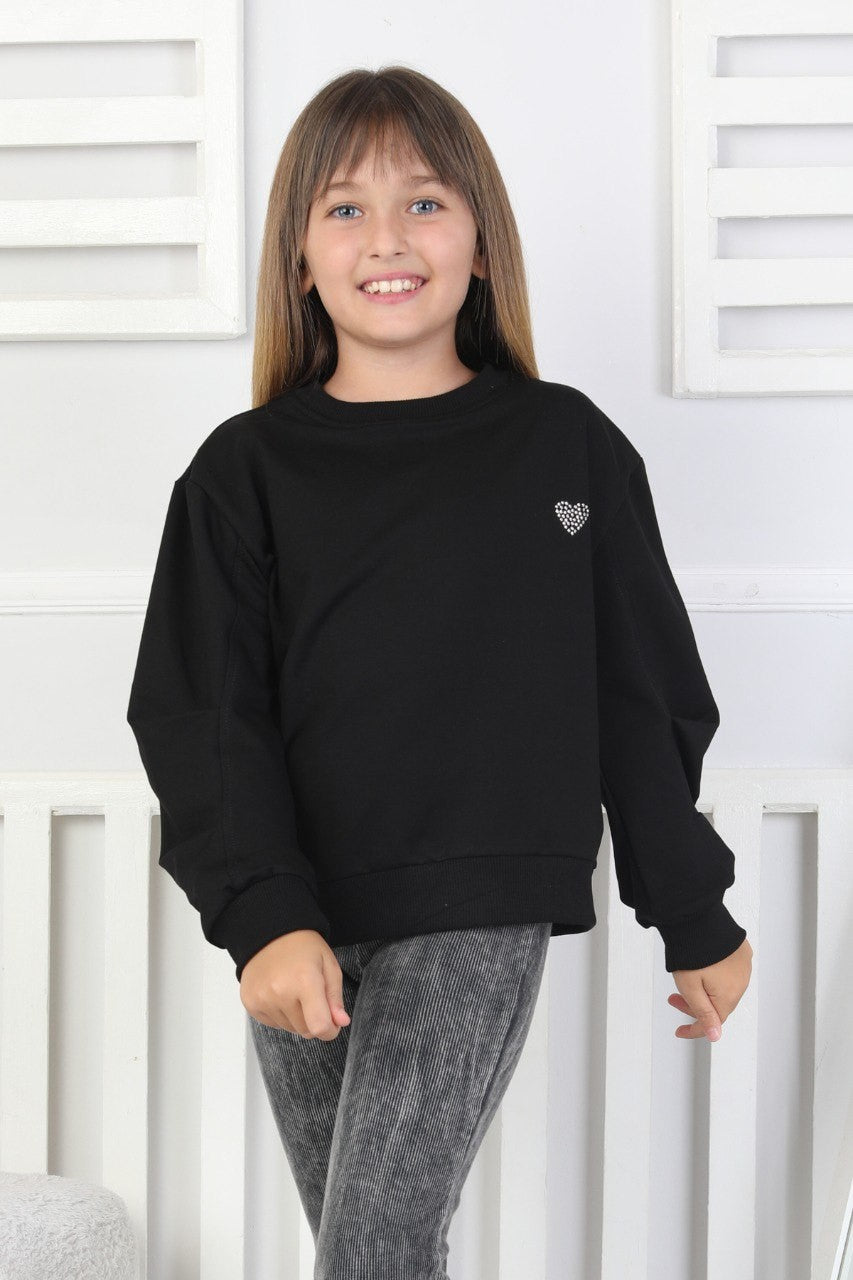 Baskılı Yanı Yırtmaçlı Siyah Kız Çocuk Sweatshirt