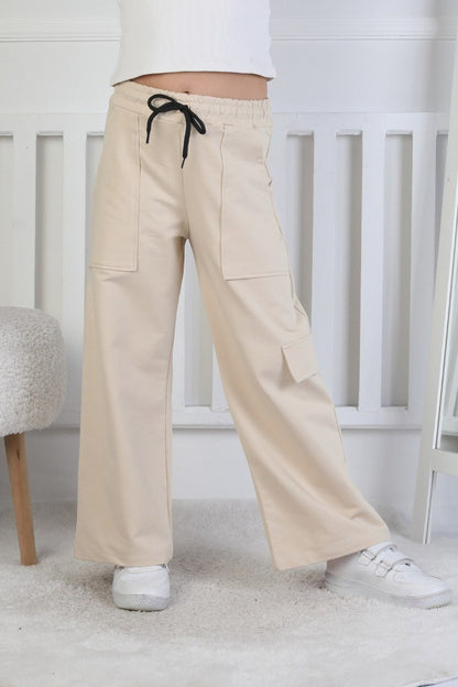 İki İplik Tek Paçası Kargo Çepli Kız Çocuk Bej Eşofman Altı