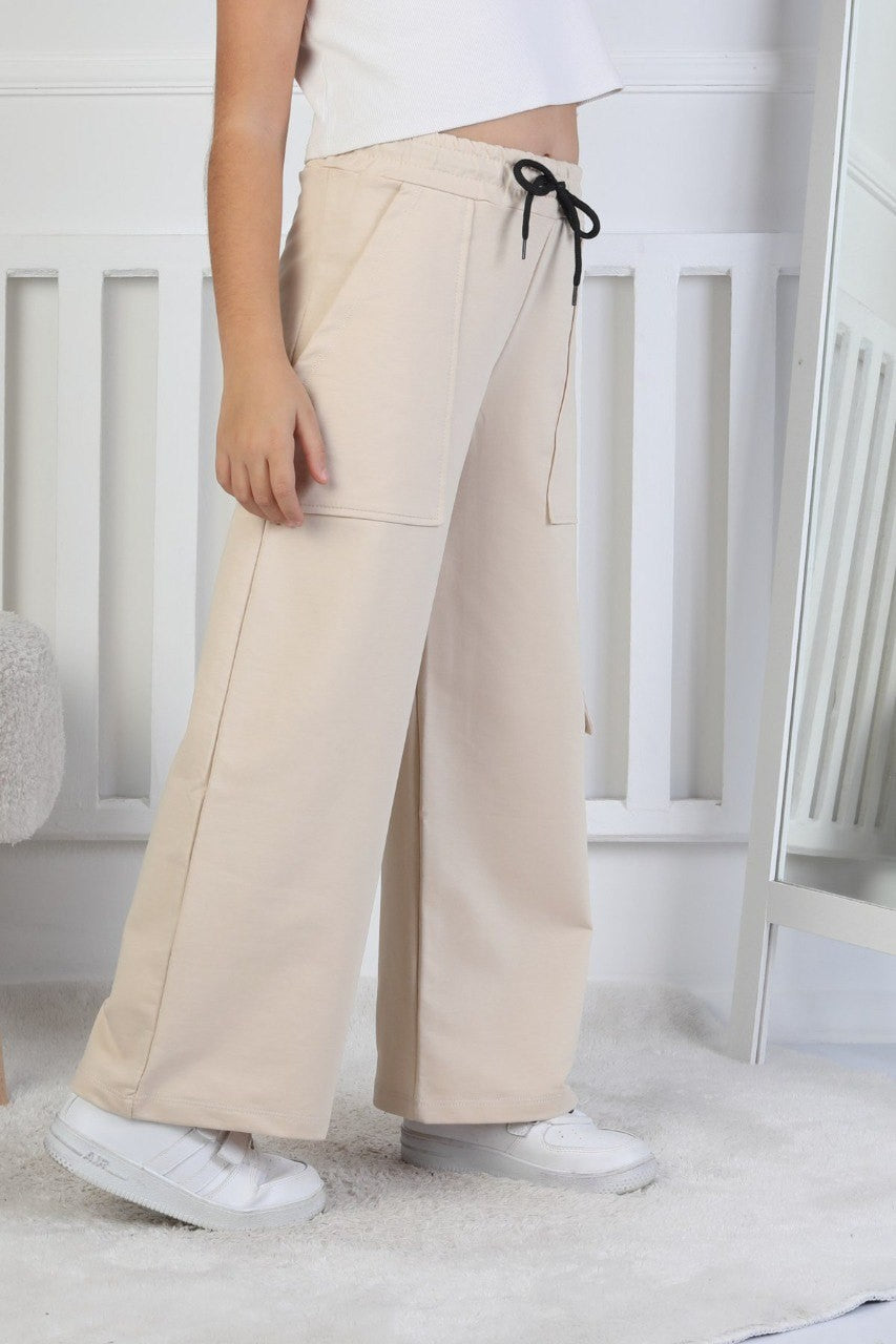 İki İplik Tek Paçası Kargo Çepli Kız Çocuk Bej Eşofman Altı