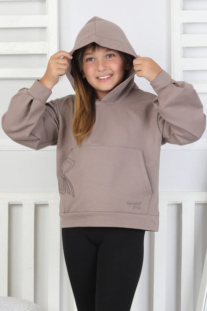 Kapüşonlu Baskılı Kız Çocuk Kahverengi Sweatshirt