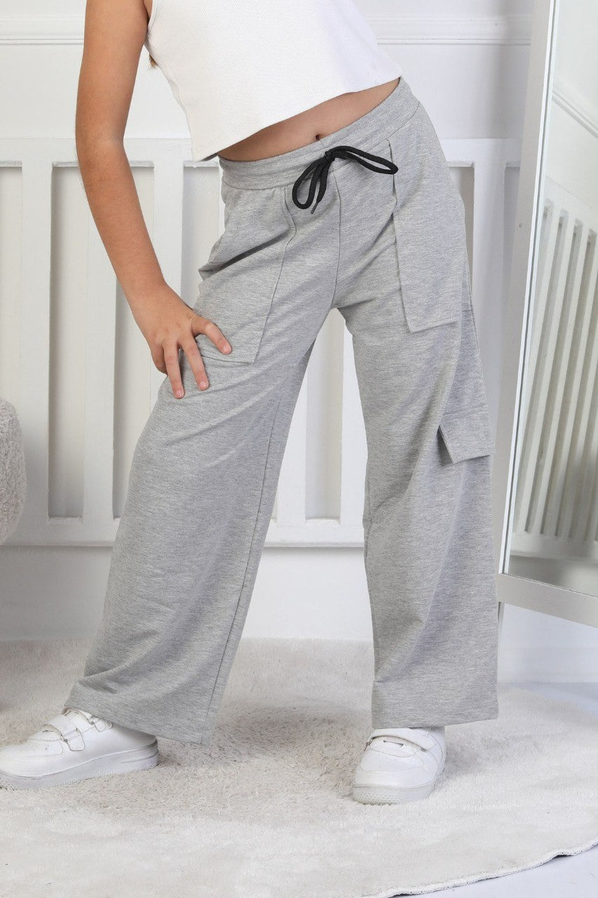 İki İplik Tek Paçası Kargo Cepli Kız Çocuk Gri Eşofman Altı