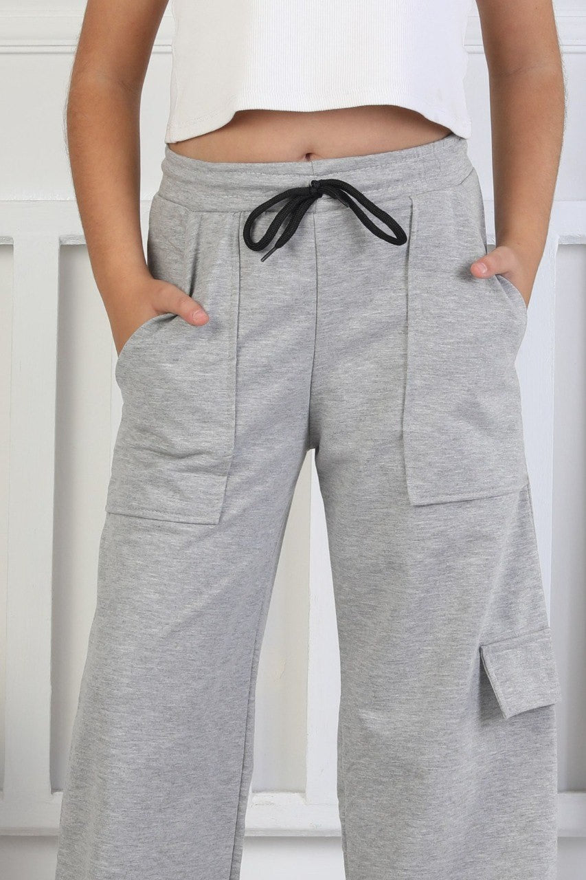 İki İplik Tek Paçası Kargo Cepli Kız Çocuk Gri Eşofman Altı