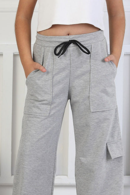 İki İplik Tek Paçası Kargo Cepli Kız Çocuk Gri Eşofman Altı