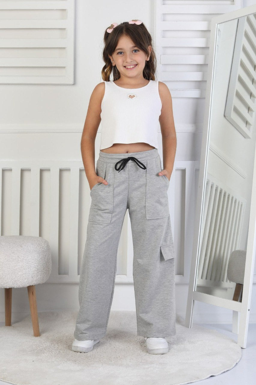 İki İplik Tek Paçası Kargo Cepli Kız Çocuk Gri Eşofman Altı