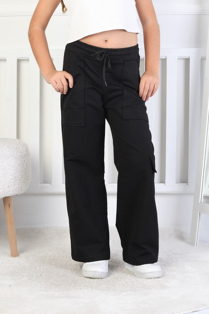 İki İplik Tek Paçası Kargo Çepli Kız Çocuk Siyah Eşofman Altı