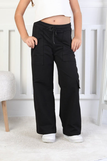 İki İplik Tek Paçası Kargo Çepli Kız Çocuk Siyah Eşofman Altı