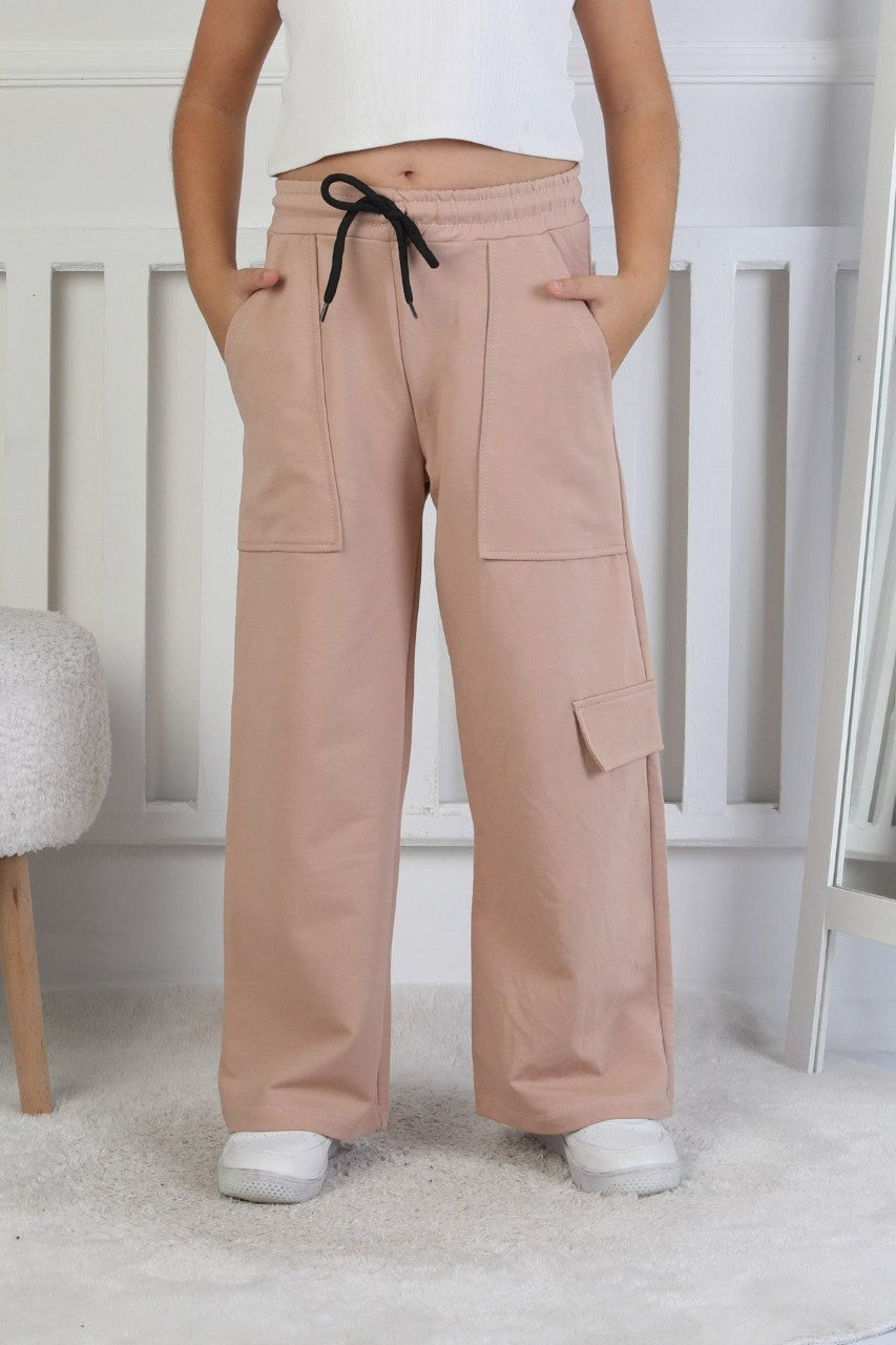 İki İplik Tek Paçası Kargo Cepli Kız Çocuk Hardal Eşofman Altı