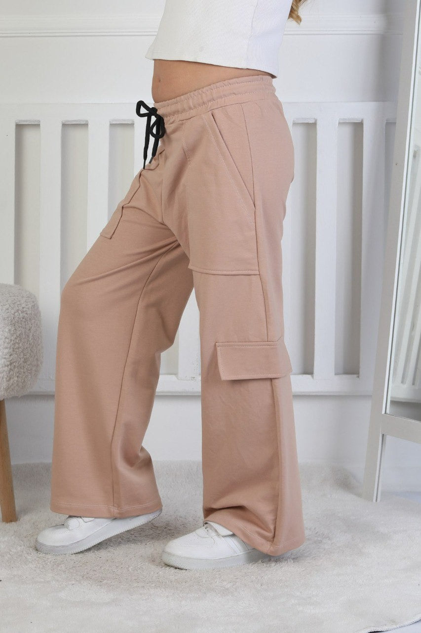 İki İplik Tek Paçası Kargo Cepli Kız Çocuk Hardal Eşofman Altı