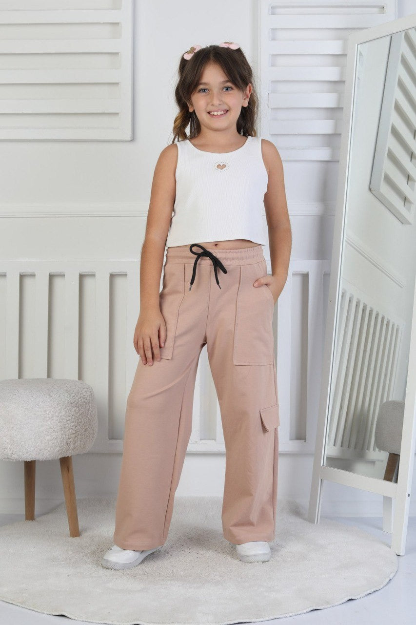 İki İplik Tek Paçası Kargo Cepli Kız Çocuk Hardal Eşofman Altı