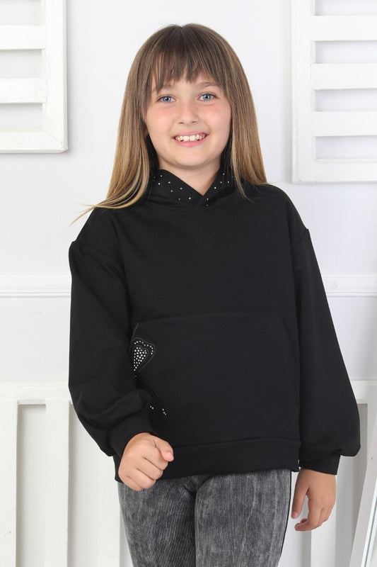 Kapüşonlu Baskılı Kız Çocuk Siyah Sweatshirt