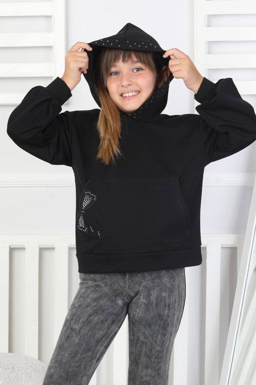 Kapüşonlu Baskılı Kız Çocuk Siyah Sweatshirt