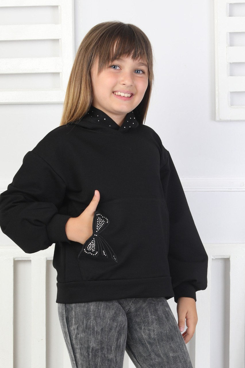 Kapüşonlu Baskılı Kız Çocuk Siyah Sweatshirt