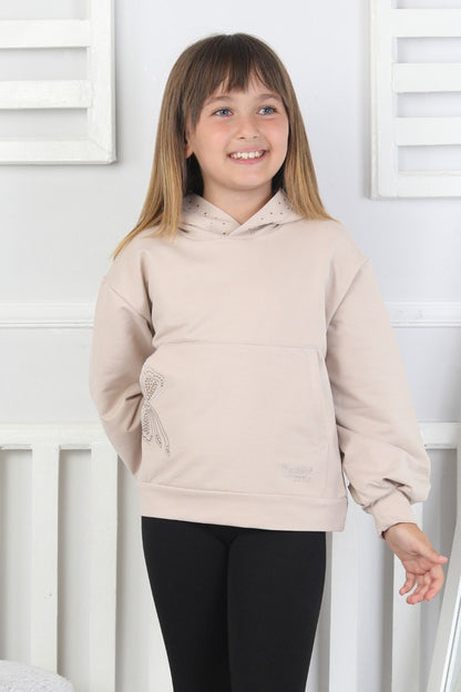 Kapüşonlu Baskılı Kız Çocuk Bej Sweatshirt