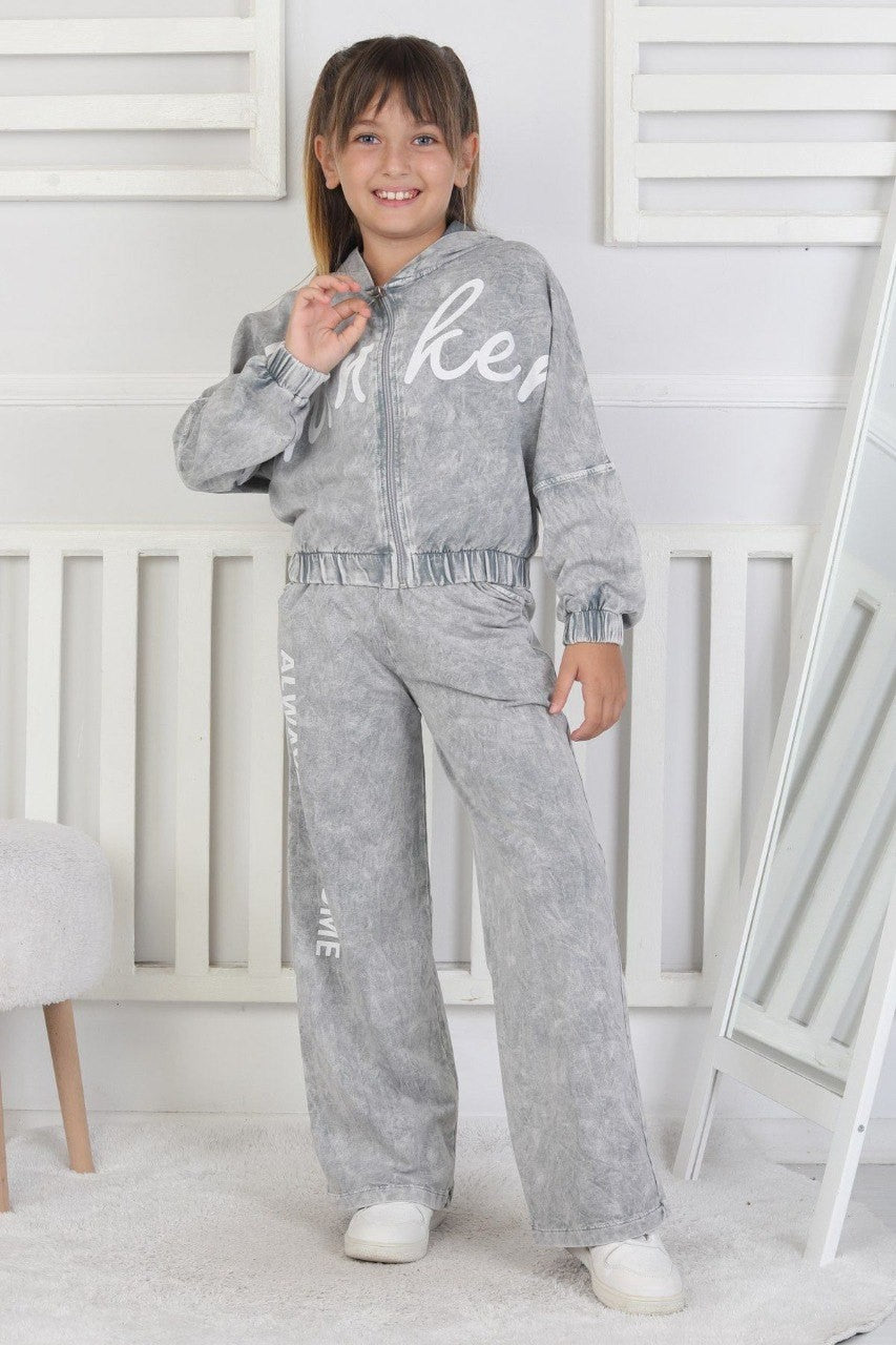 Yıkamalı Kapüşonlu Baskılı Kız Çocuk Takım