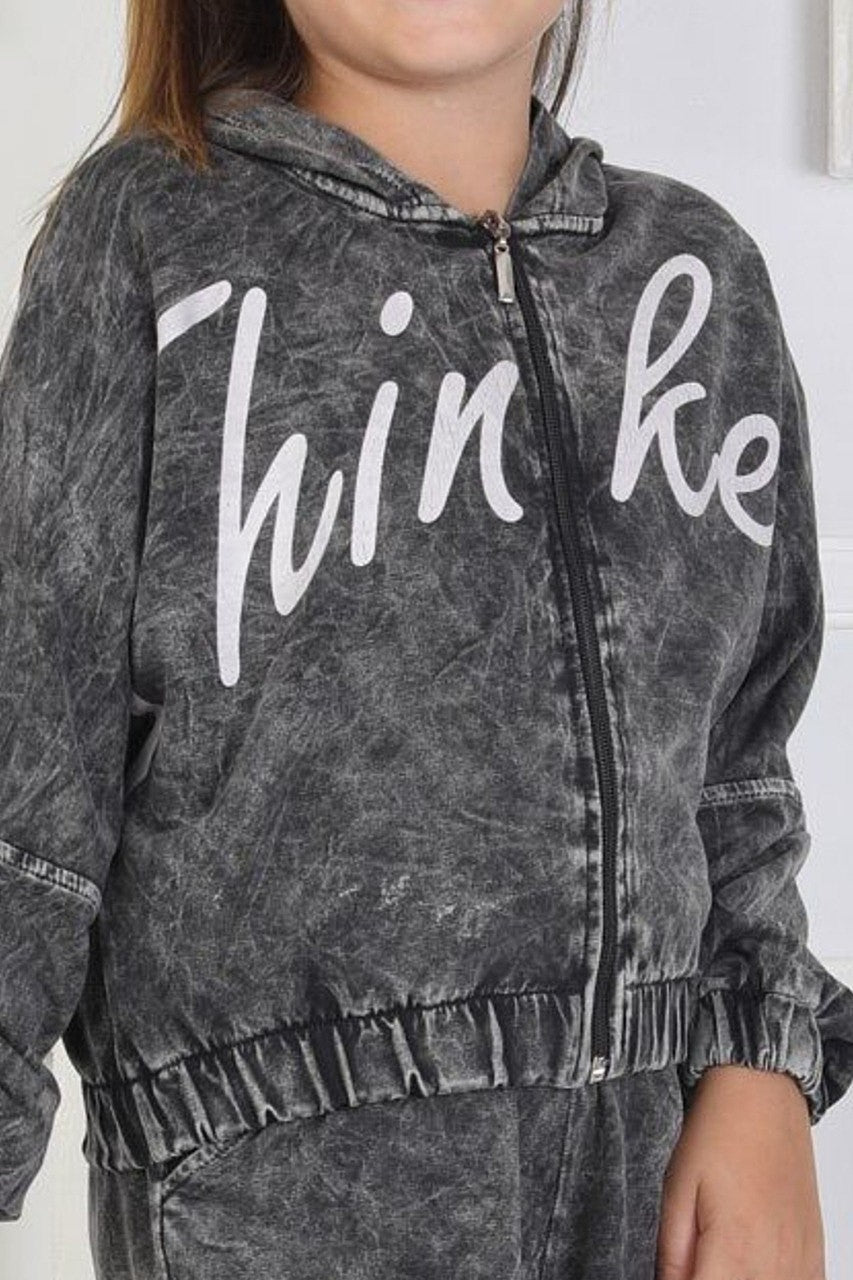 Yıkamalı Kapüşonlu Baskılı Kız Çocuk Takım