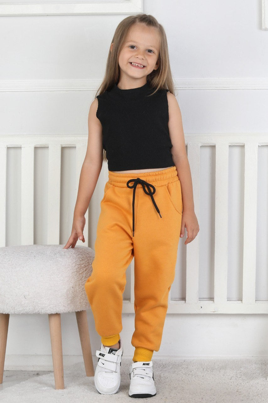 Şardonlu 3 İplik Düz Kız Çocuk Hardal Rengi Eşofman Altı