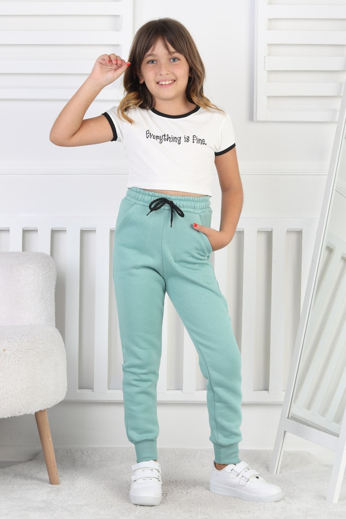 Şardonlu 3 İplik Düz Kız Çocuk Yeşil Eşofman Altı