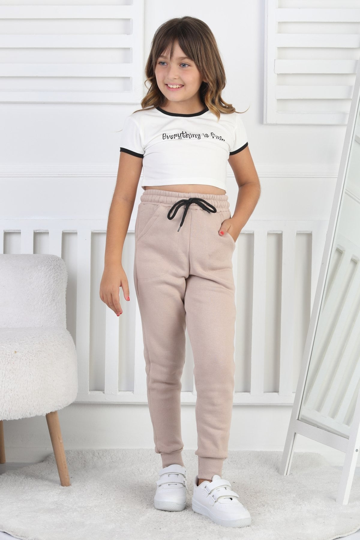 Şardonlu 3 İplik Düz Kız Çocuk Vizon Eşofman Altı