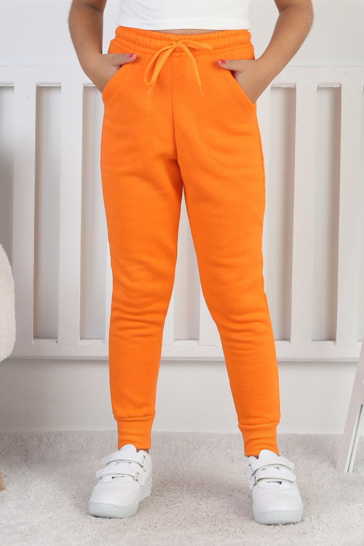 Şardonlu 3 İplik Düz Kız Çocuk Turuncu Eşofman Altı