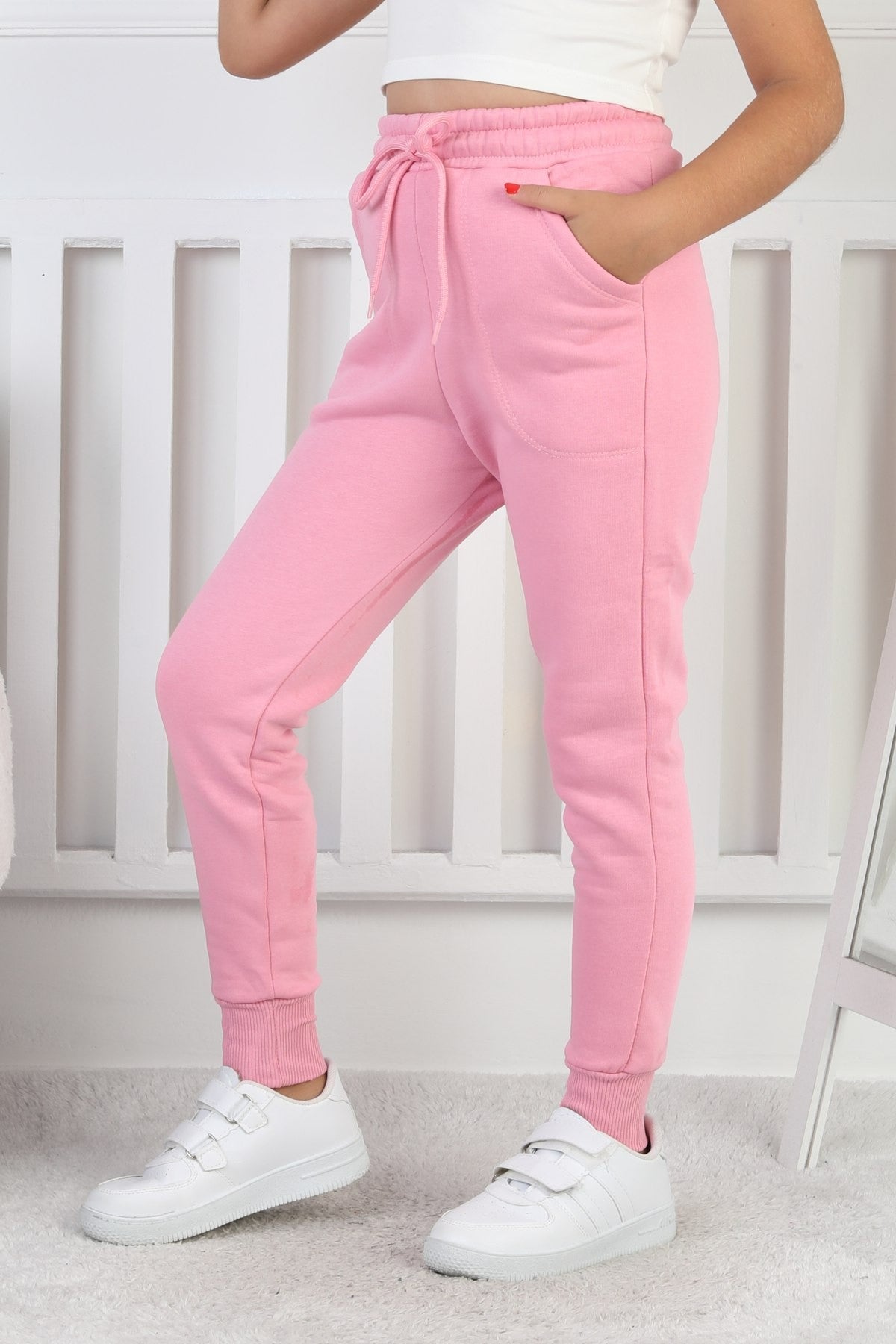 Şardonlu 3 İplik Düz Kız Çocuk Pembe Eşofman Altı