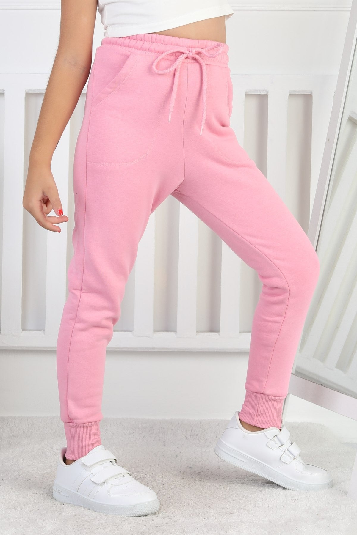 Şardonlu 3 İplik Düz Kız Çocuk Pembe Eşofman Altı