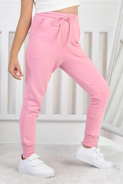 Şardonlu 3 İplik Düz Kız Çocuk Pembe Eşofman Altı