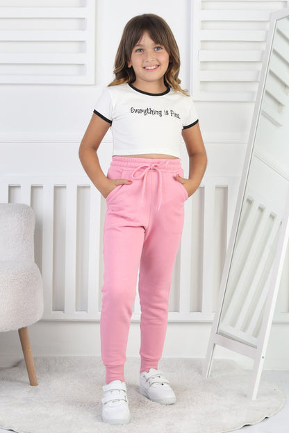 Şardonlu 3 İplik Düz Kız Çocuk Pembe Eşofman Altı