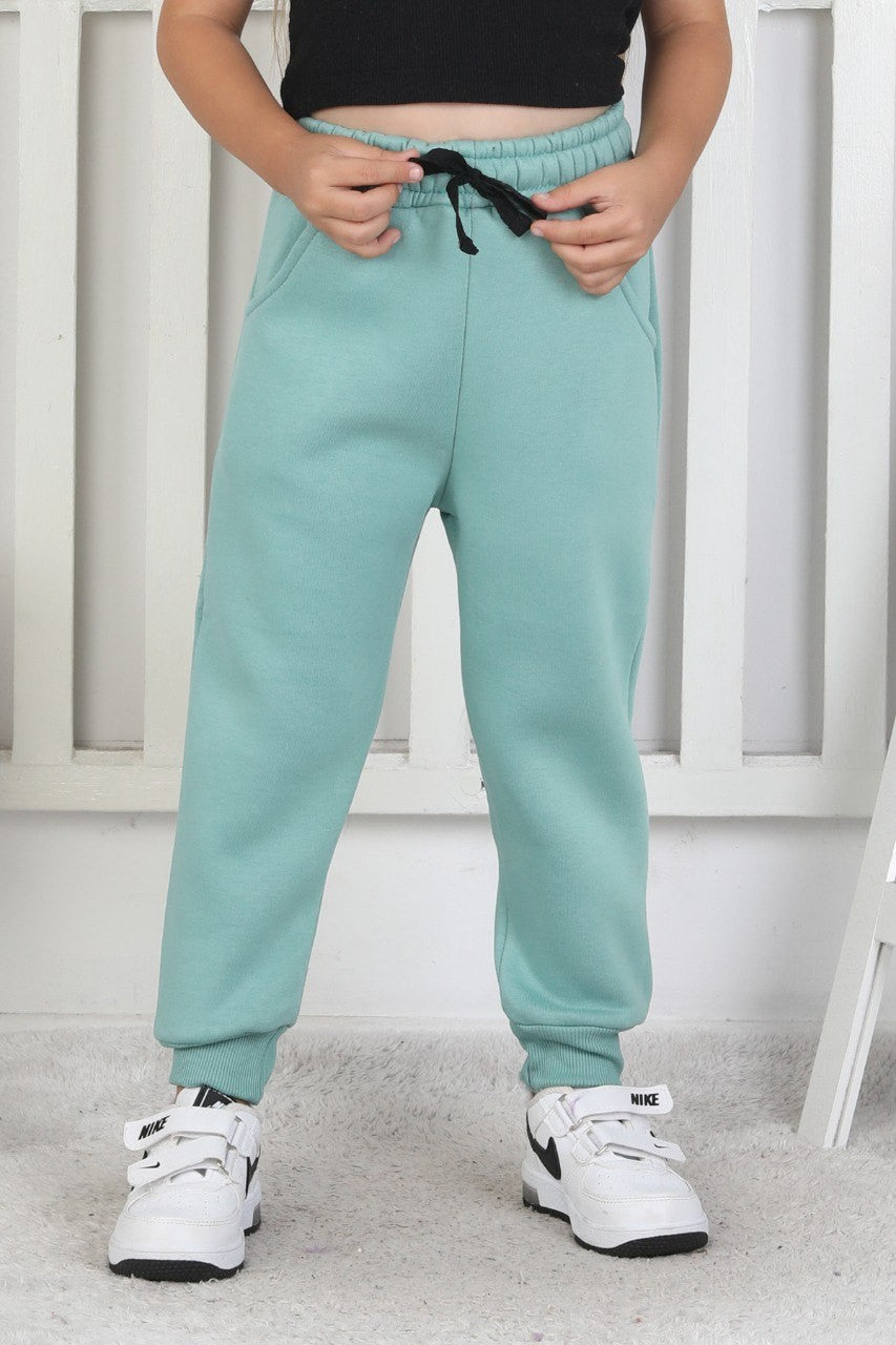 Şardonlu 3 İplik Düz Kız Çocuk Yeşil Eşofman Altı