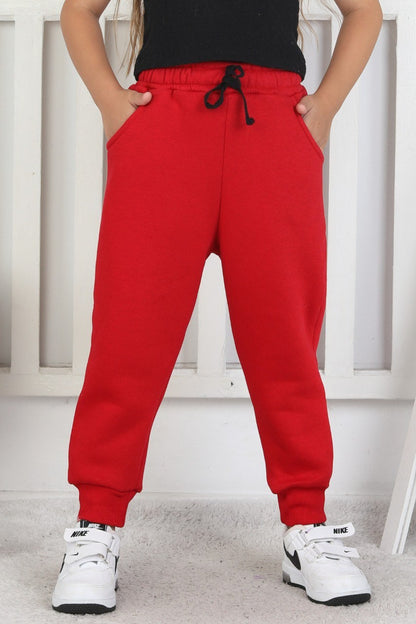 Şardonlu 3 İplik Düz Kız Çocuk Kırmızı Eşofman Altı