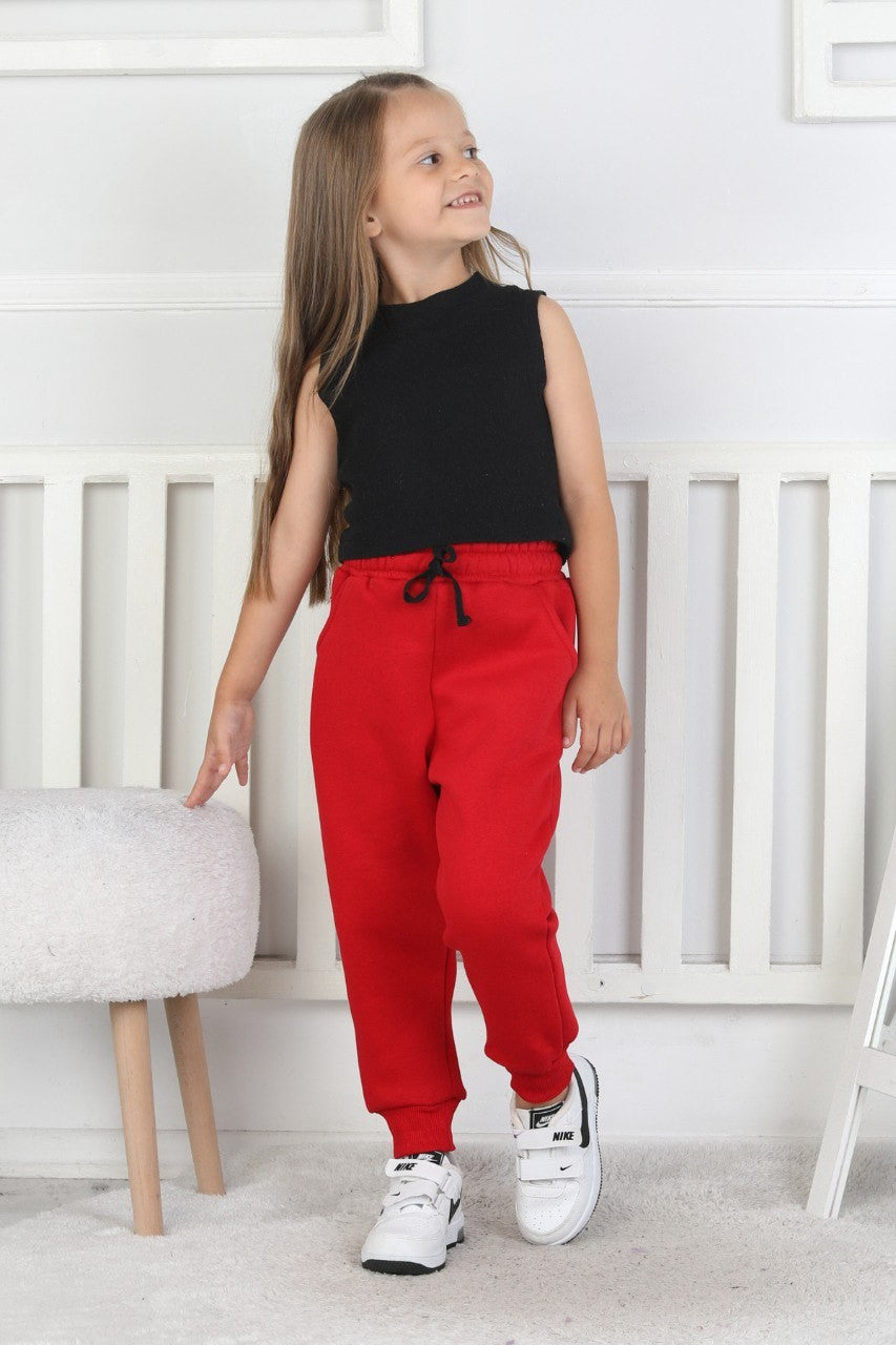 Şardonlu 3 İplik Düz Kız Çocuk Kırmızı Eşofman Altı