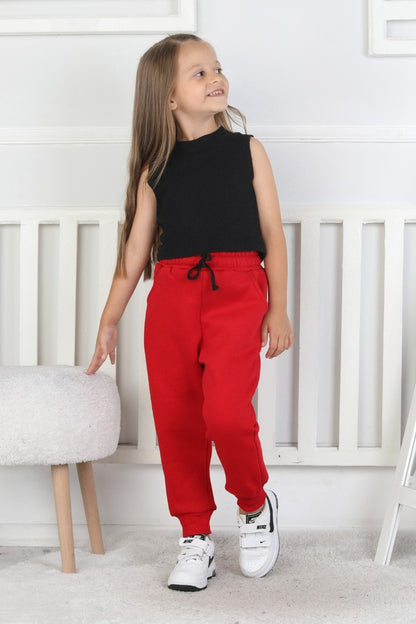 Şardonlu 3 İplik Düz Kız Çocuk Kırmızı Eşofman Altı