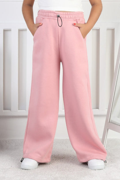 Şardonlu 3 İplik Paça Sıkmalı Kız Çocuk Pembe Eşofman Altı