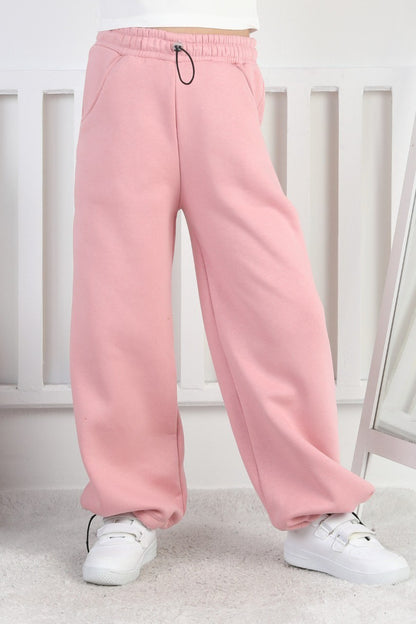 Şardonlu 3 İplik Paça Sıkmalı Kız Çocuk Pembe Eşofman Altı