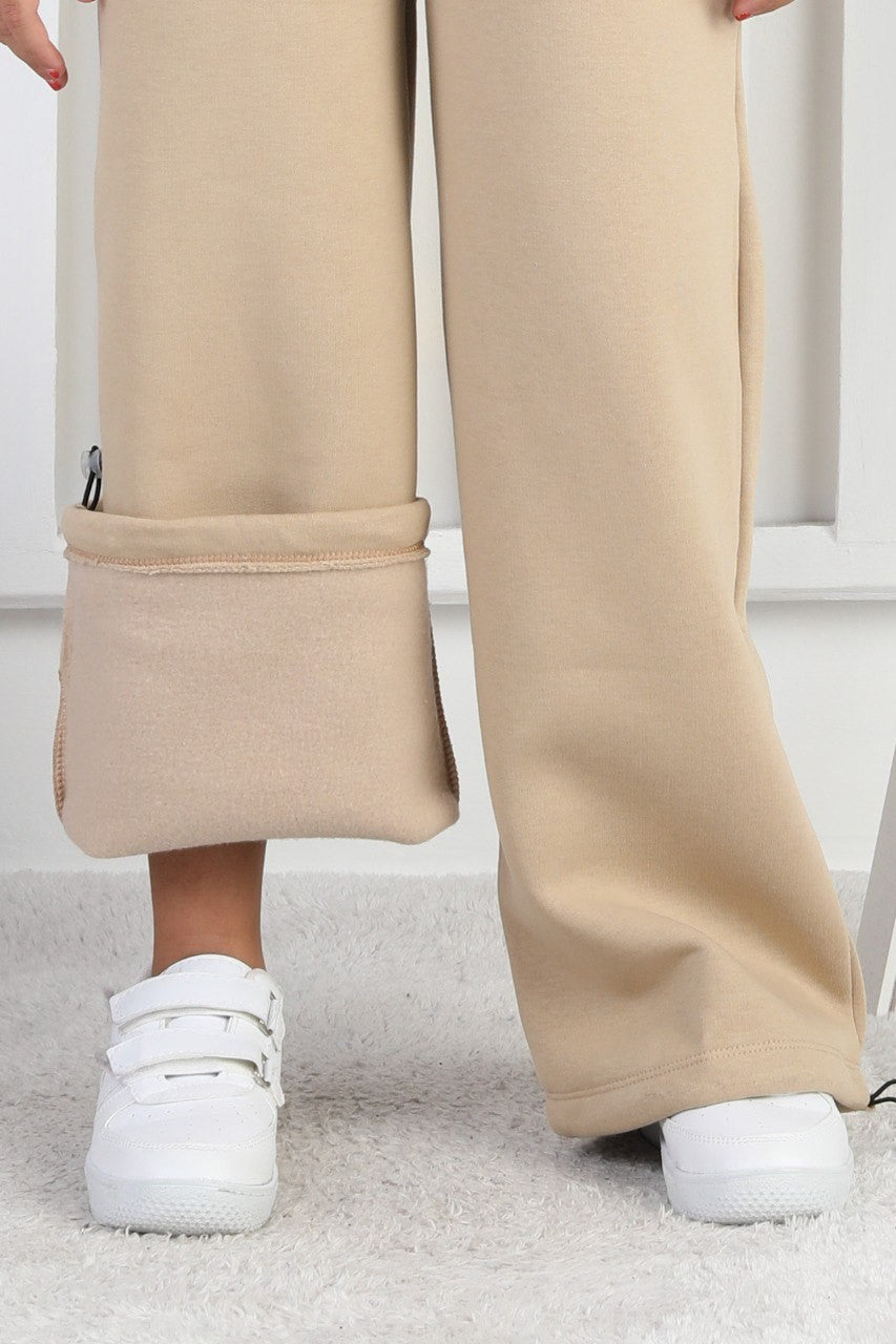 Şardonlu 3 İplik Paça Sıkmalı Kız Çocuk Krem Eşofman Altı