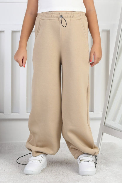 Şardonlu 3 İplik Paça Sıkmalı Kız Çocuk Eşofman Altı