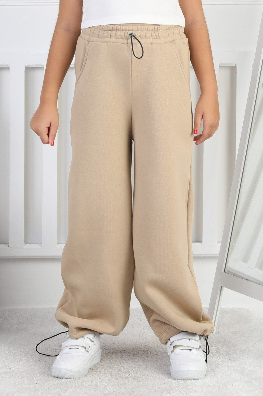 Şardonlu 3 İplik Paça Sıkmalı Kız Çocuk Krem Eşofman Altı