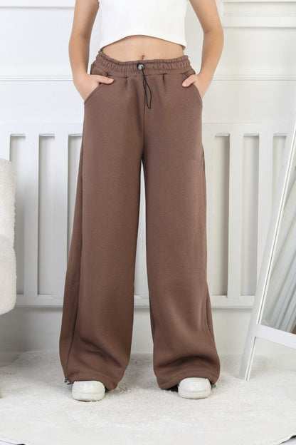 Şardonlu 3 İplik Paça Sıkmalı Kız Çocuk Kahverengi Eşofman Altı