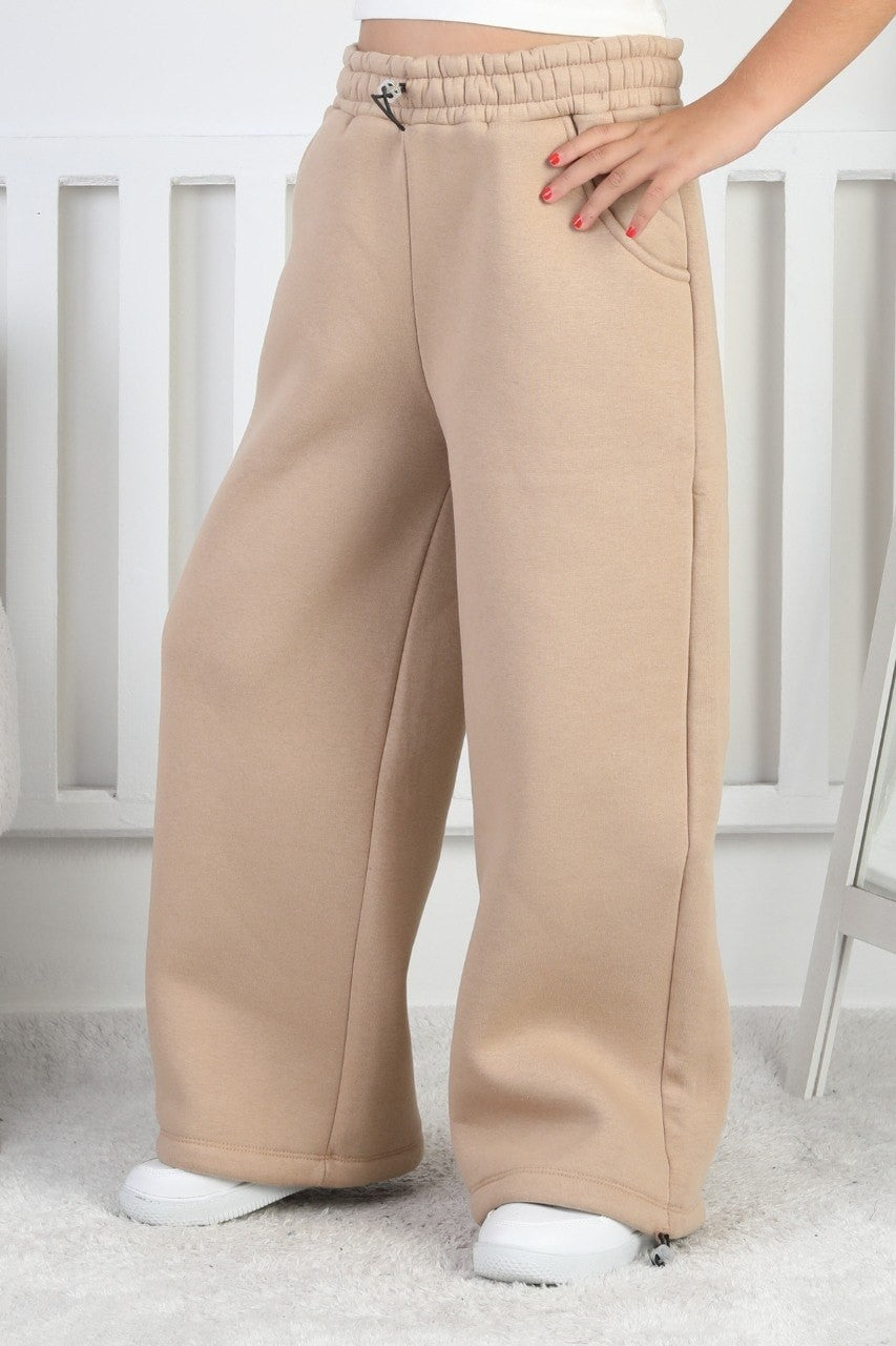 Şardonlu 3 İplik Paça Sıkmalı Kız Çocuk Bej Eşofman Altı