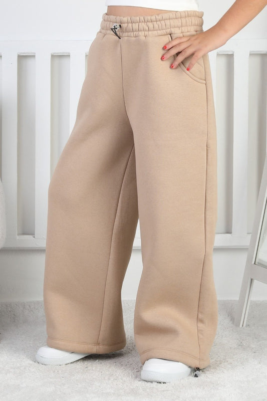 Şardonlu 3 İplik Paça Sıkmalı Kız Çocuk Bej Eşofman Altı