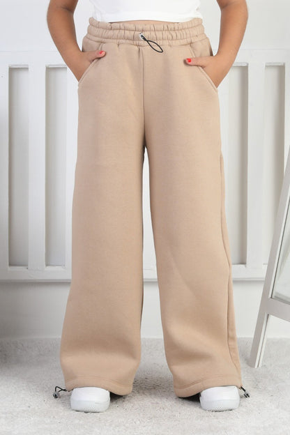 Şardonlu 3 İplik Paça Sıkmalı Kız Çocuk Bej Eşofman Altı