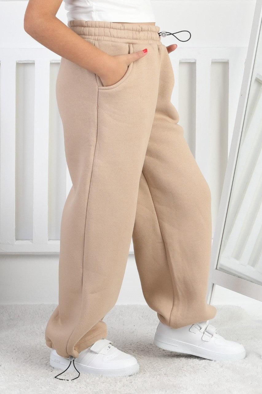 Şardonlu 3 İplik Paça Sıkmalı Kız Çocuk Bej Eşofman Altı