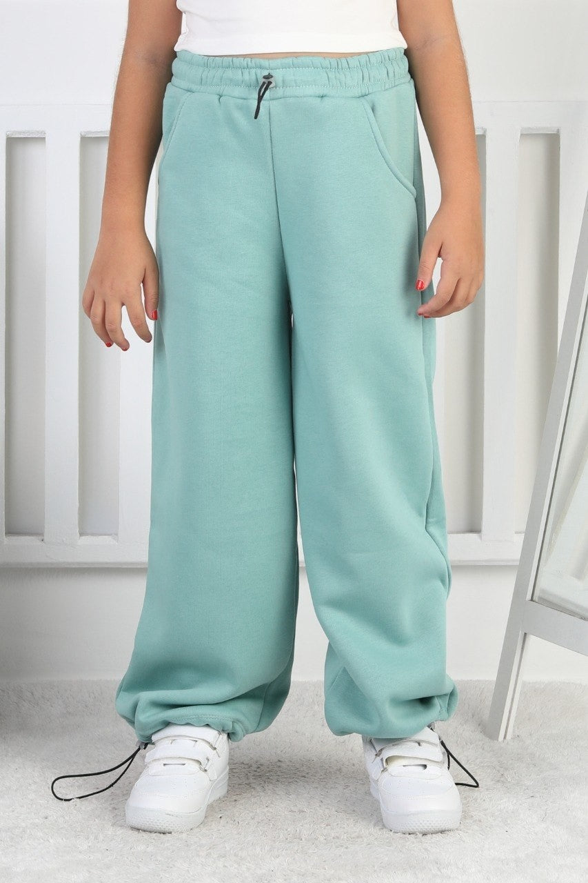 Şardonlu 3 İplik Paça Sıkmalı Kız Çocuk Yeşil Eşofman Altı