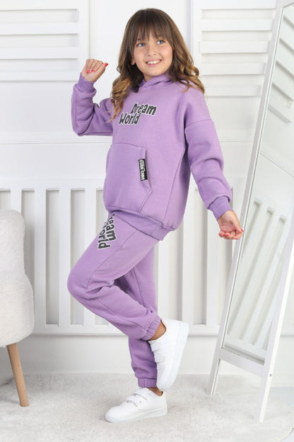 Şardonlu 3 İplik Baskılı Kapşonlu Kız Çocuk Takım