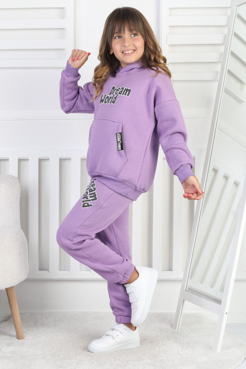 Şardonlu 3 İplik Baskılı Kapşonlu Kız Çocuk Takım